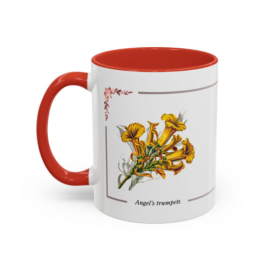 Mug with red interior and handle, featuring a floral design of "Angel's trumpets" on a white background.