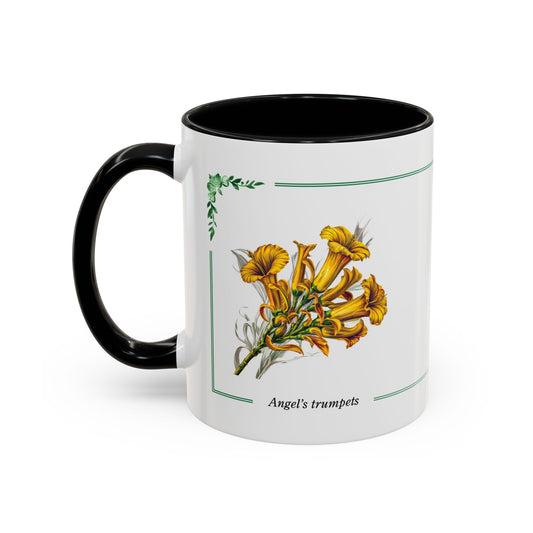 Mug with floral design and text on a white background