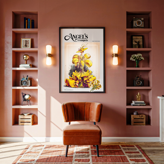 Decorative room interior with a framed poster titled 'Angel's Trumpets' on a pink wall, surrounded by shelves and a chair.