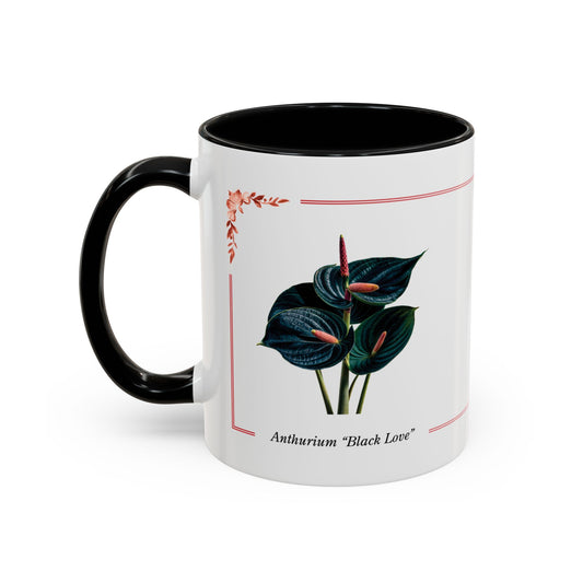 Mug with black interior and handle, featuring an illustration of Anthurium "Black Love" on a white background.