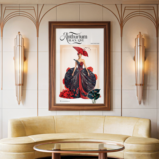 Framed artwork of a woman in a red and black dress with floral details on a wall above a beige sofa.