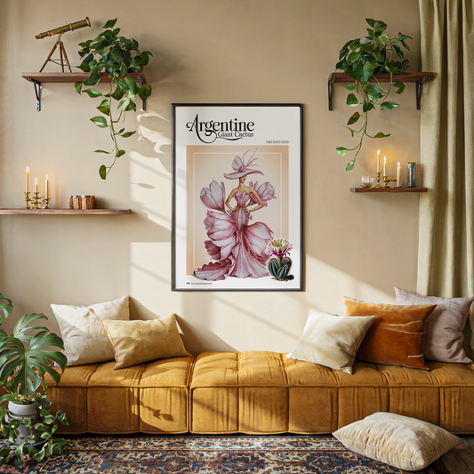 Living room with a yellow sofa, decorative pillows, and a framed poster on the wall.