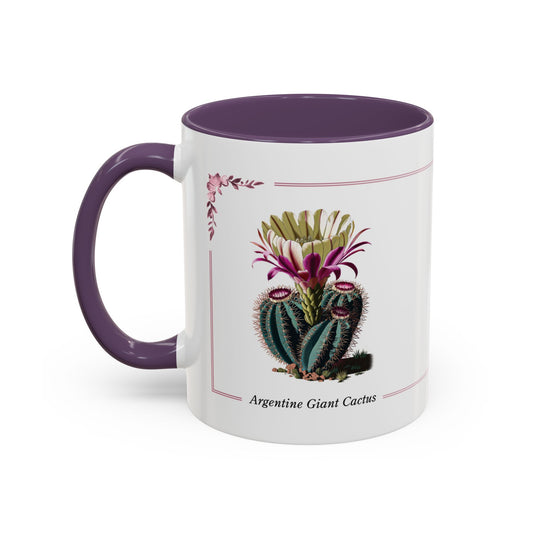 Mug with purple handle and interior, featuring an illustration of an Argentine Giant Cactus on a white background.