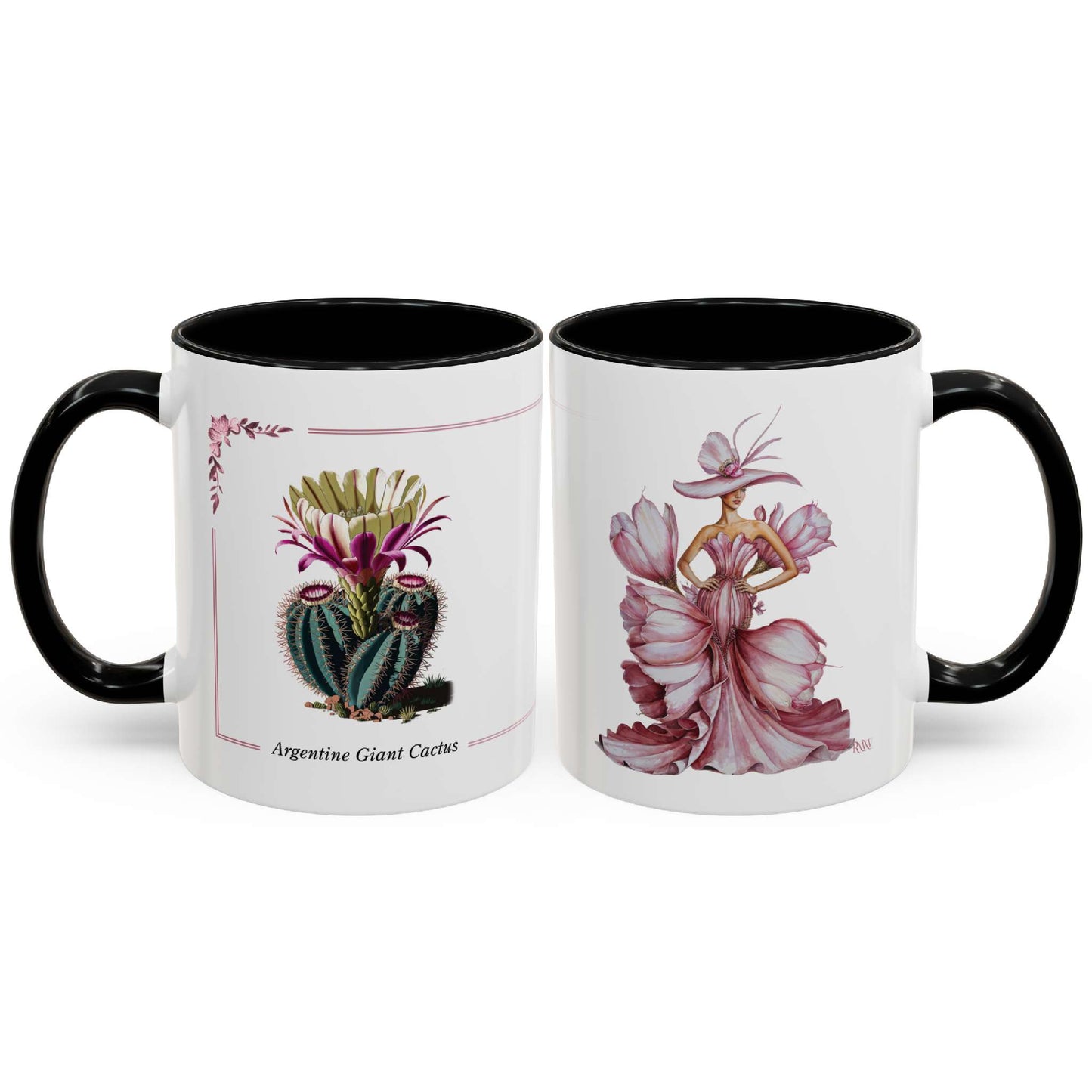 Two mugs with artistic designs of a cactus and a woman on a white backgrounds