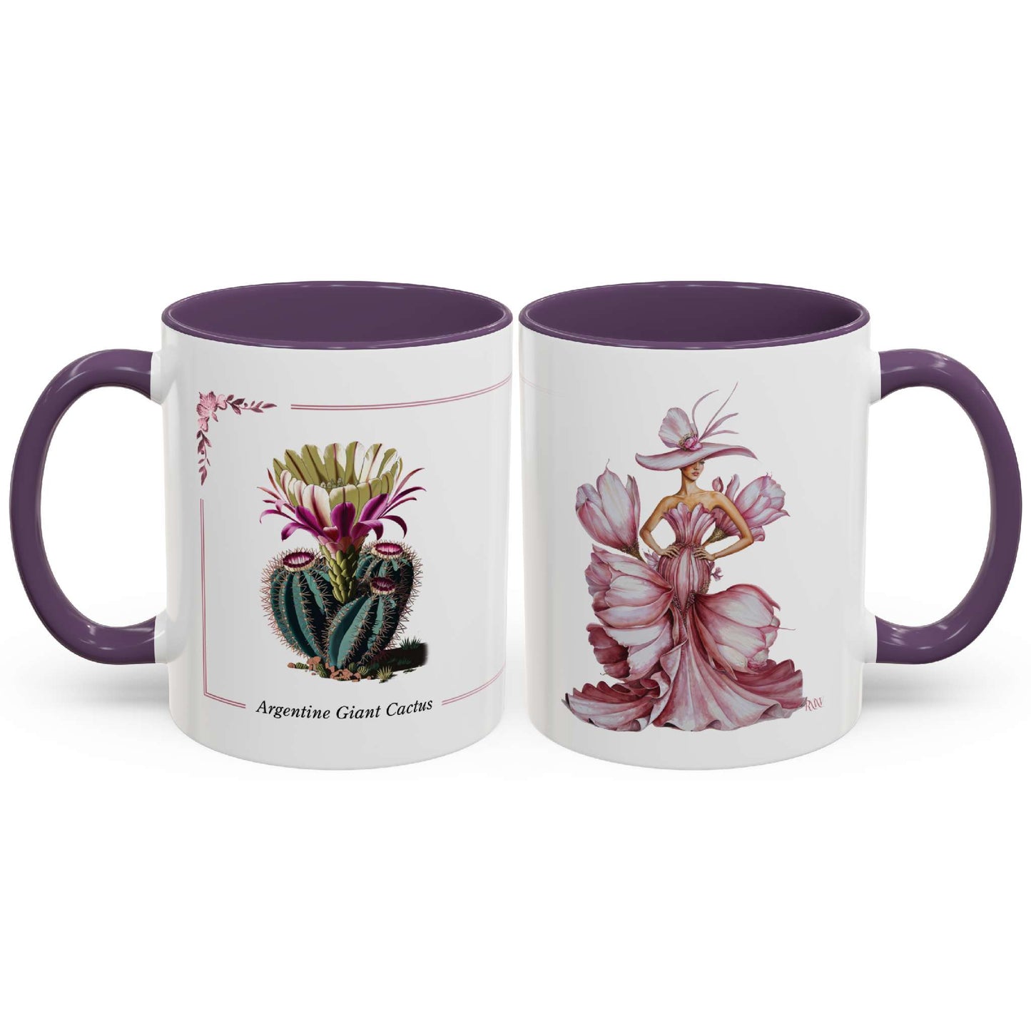 Two mugs with botanical and fairy designs on a white background
