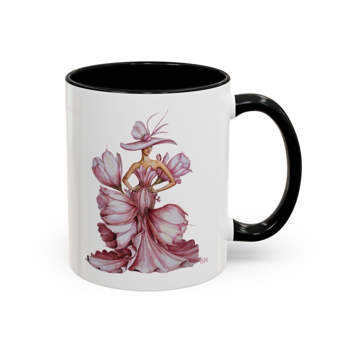 Mug with a design of a woman in a pink dress and hat on a white background