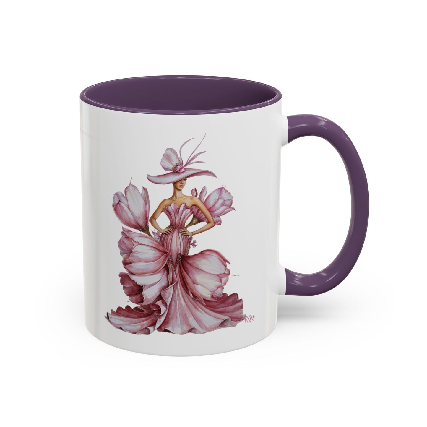 Mug with a design of a woman in a pink dress and hat on a white background