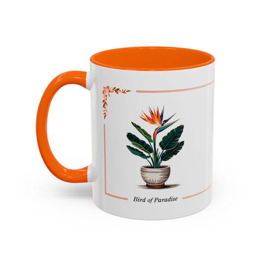 Mug with orange interior and handle, featuring a plant illustration on a white background