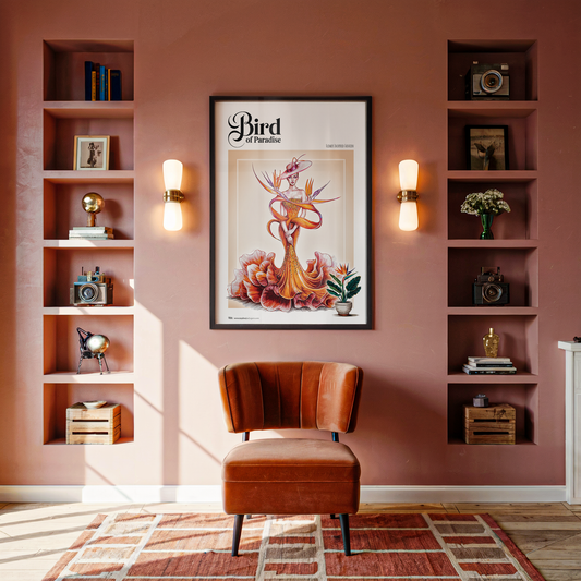 Decorative room interior with a framed poster on a pink wall, brown chair, and shelves.