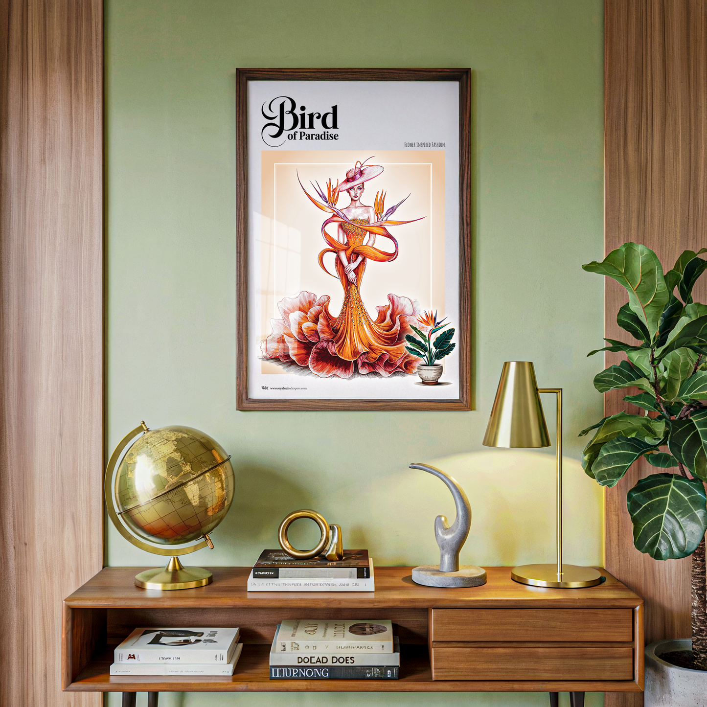 Framed artwork of a bird on a wall above a wooden shelf with decorative items.
