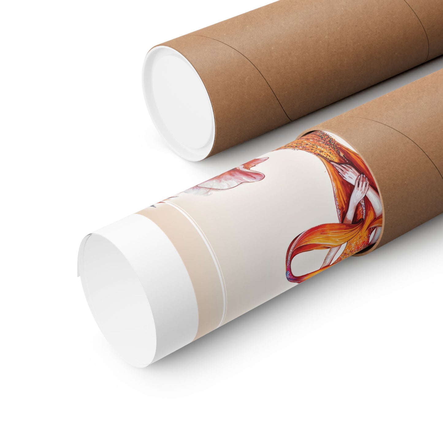 Rolled poster in a tube with a colorful design on a white background