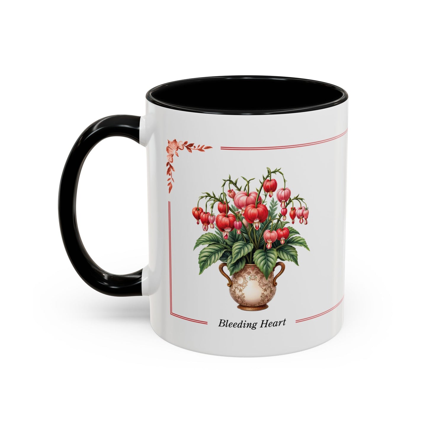 Mug with black handle featuring a design of bleeding heart flowers on a white background