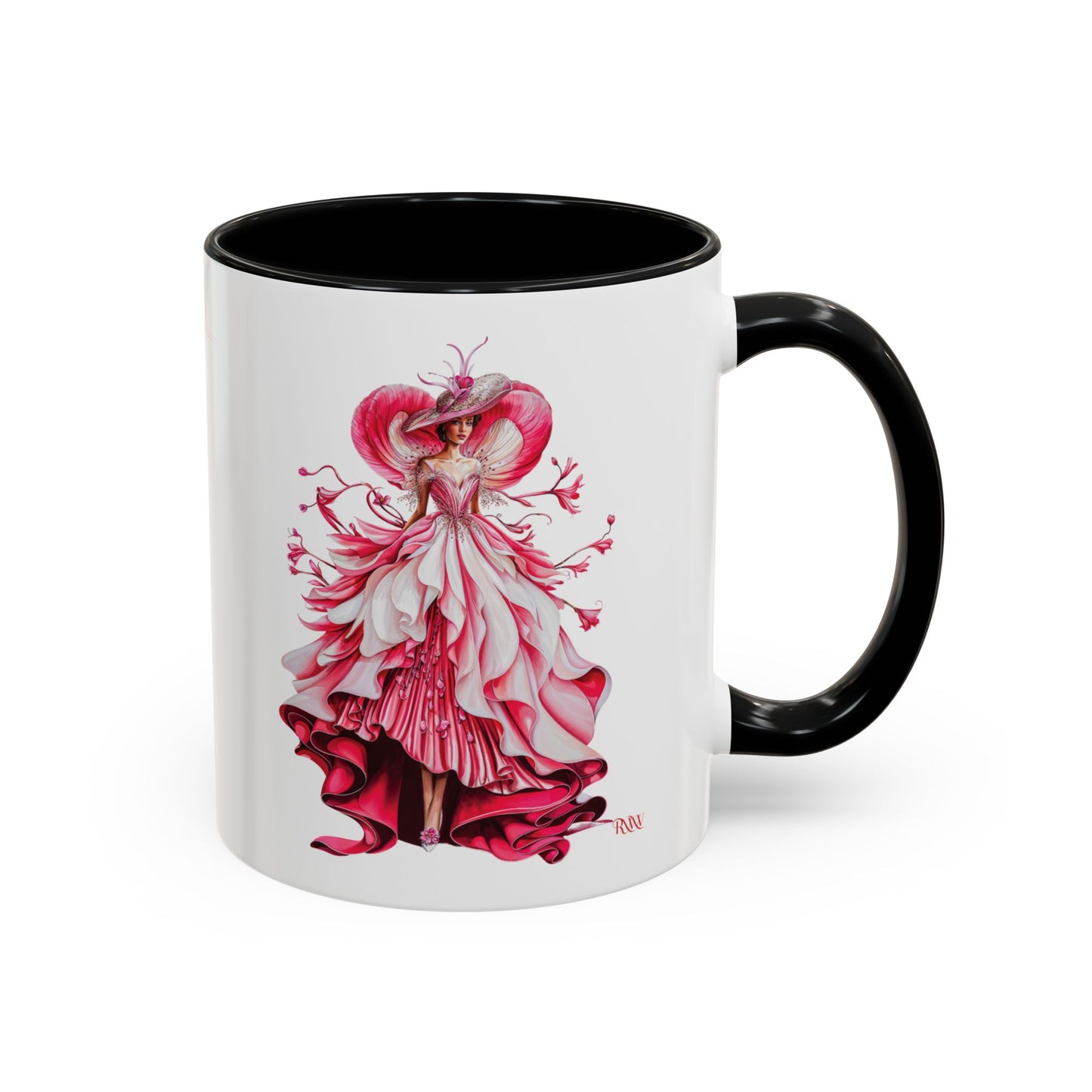 Mug with a colorful design of a woman in a pink dress and hat on a white background