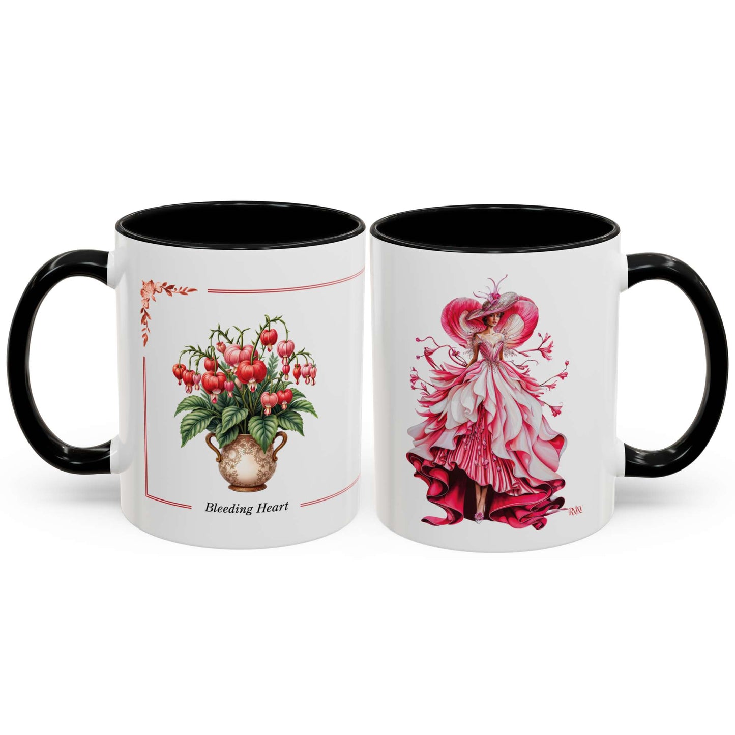 Two mugs with floral designs on a white background