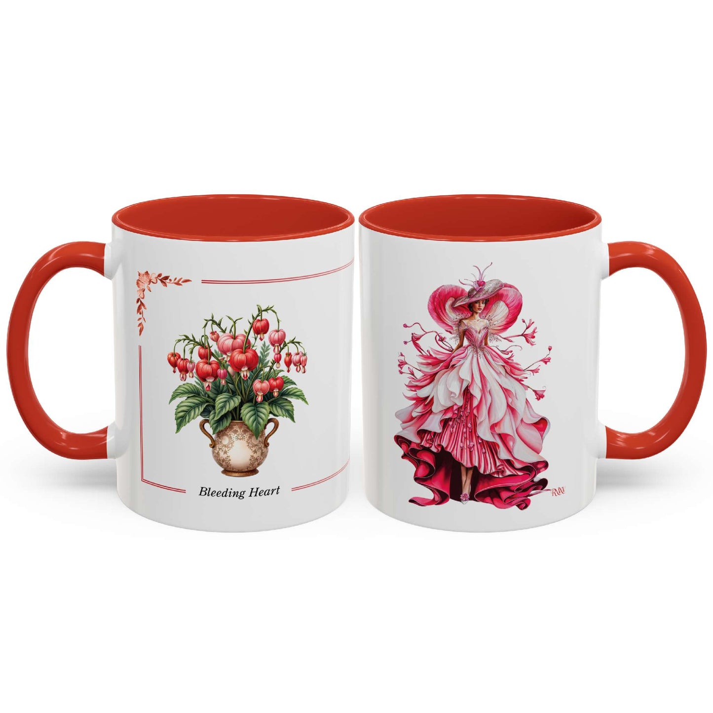 Two mugs with floral and women designs on a white background