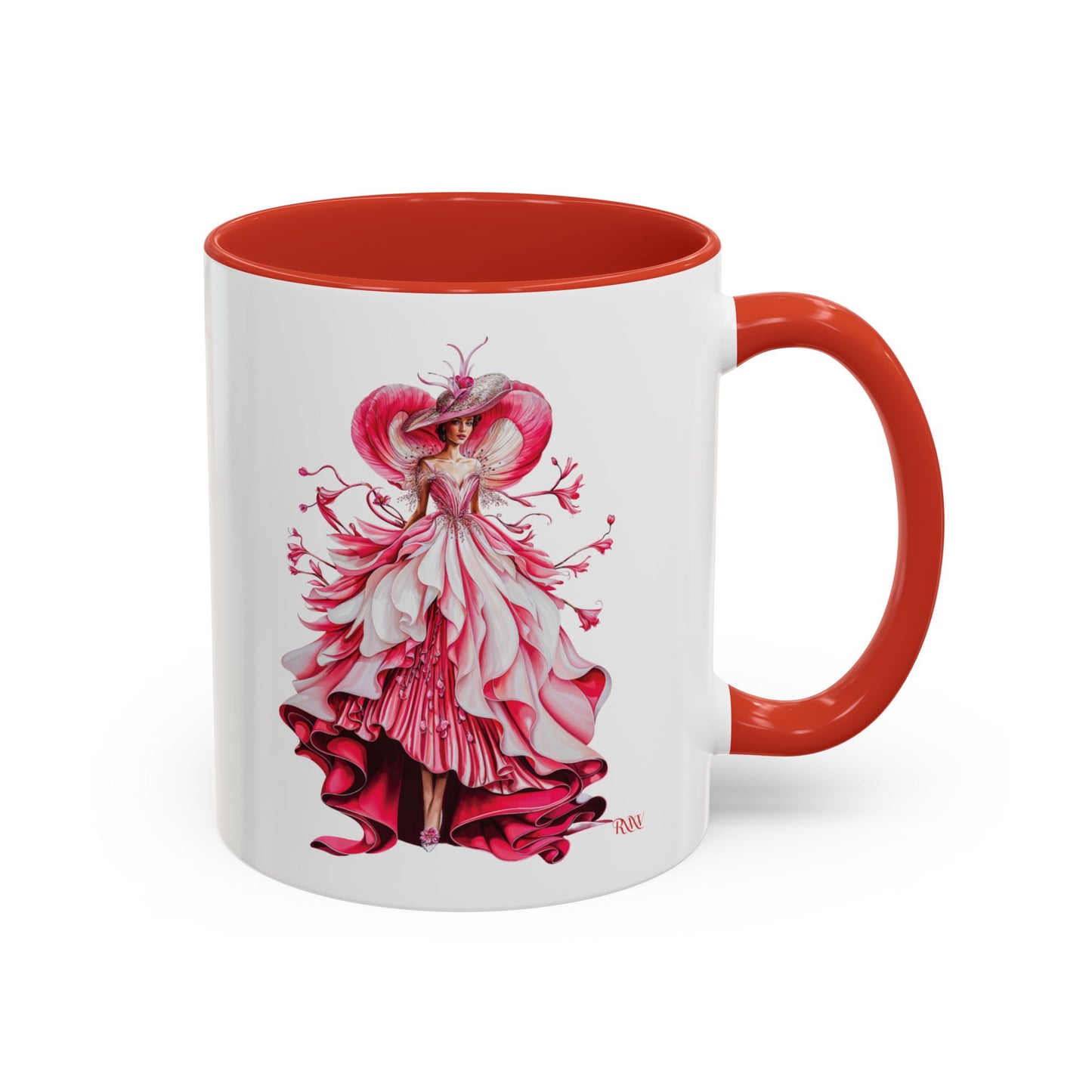 Mug with a colorful design of a woman in a dress on a white background