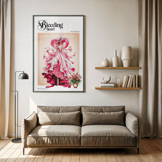 Living room with a beige sofa, framed artwork, and shelves with decorative items.
