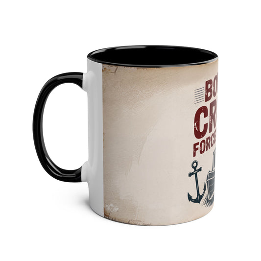 Mug with black interior and handle and text and anchor design.