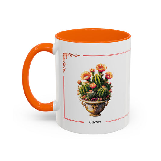 Mug with orange handle and cactus design on a white background