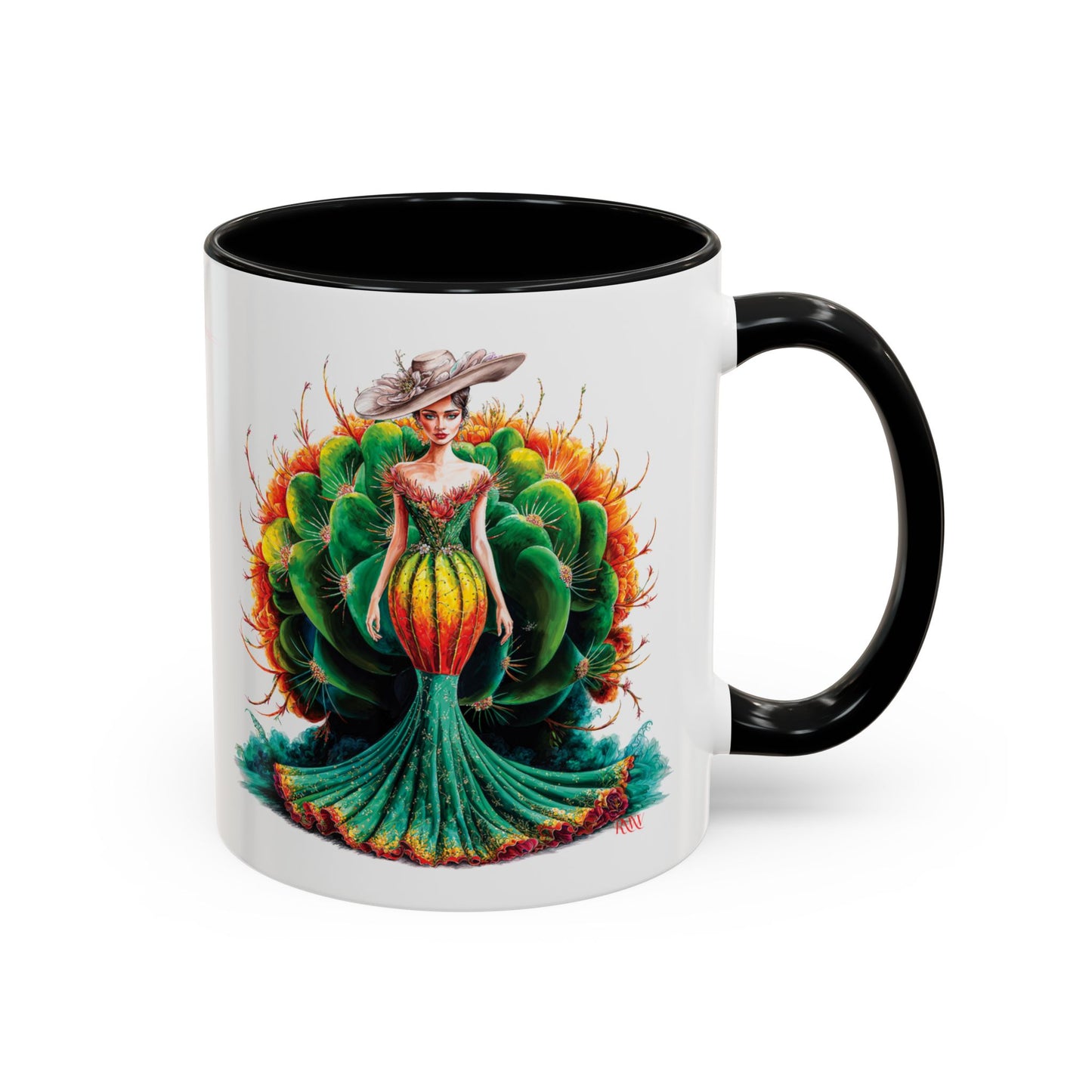 Mug with a colorful design of a woman in a dress made of flowers on a white background