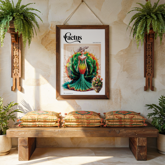 Decorative room interior with a framed poster of a woman with a cactus like dress, wooden bench, and plants.