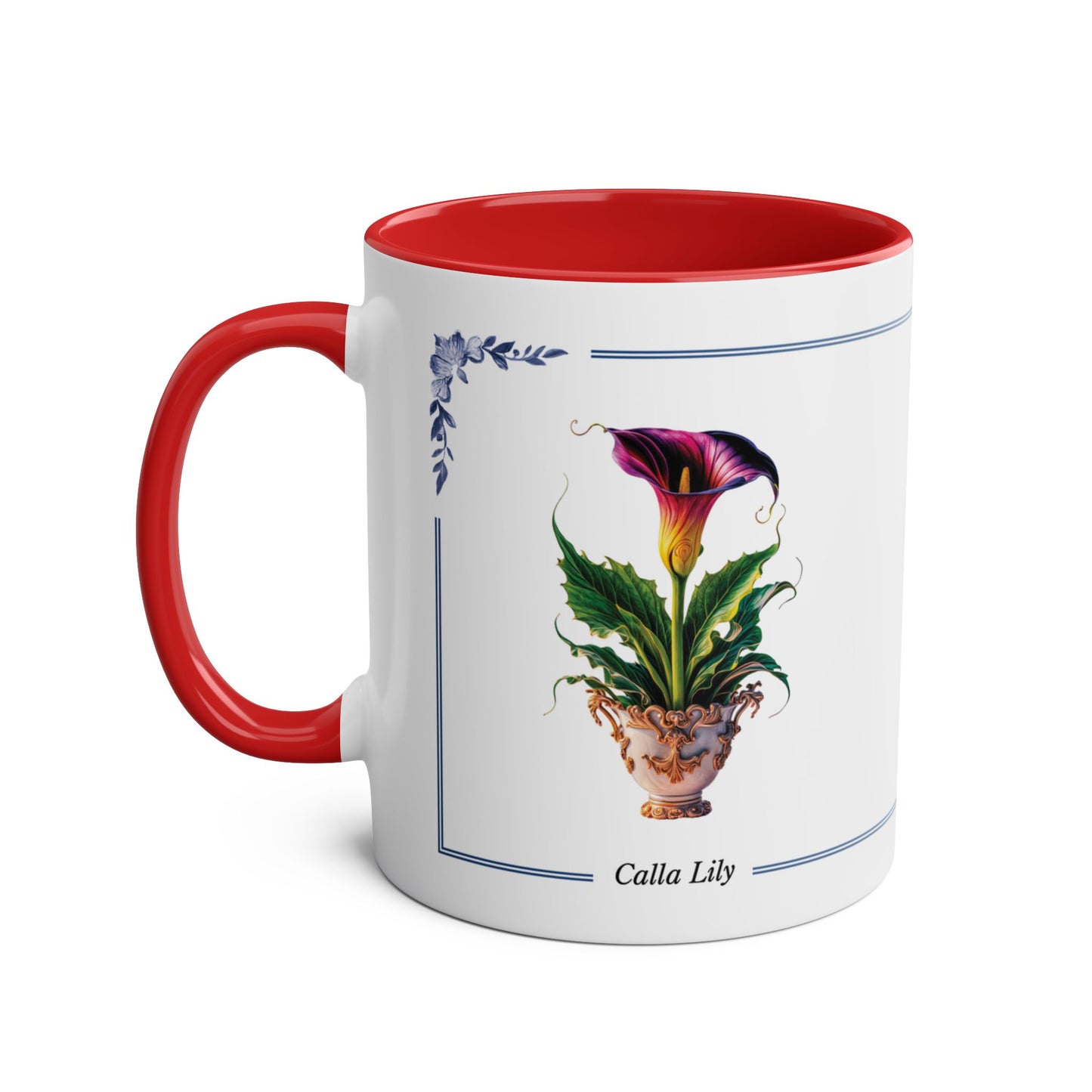 Mug with red interior and handle, featuring a calla lily design on a white background
