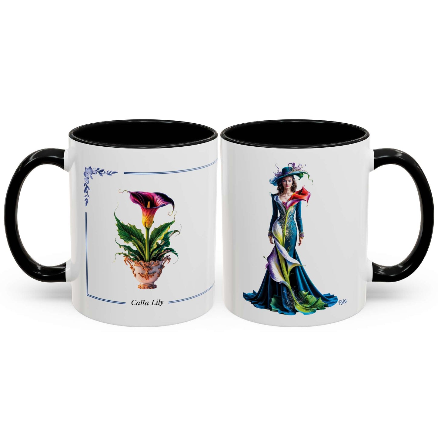 Two mugs with floral and dress designs on a white background