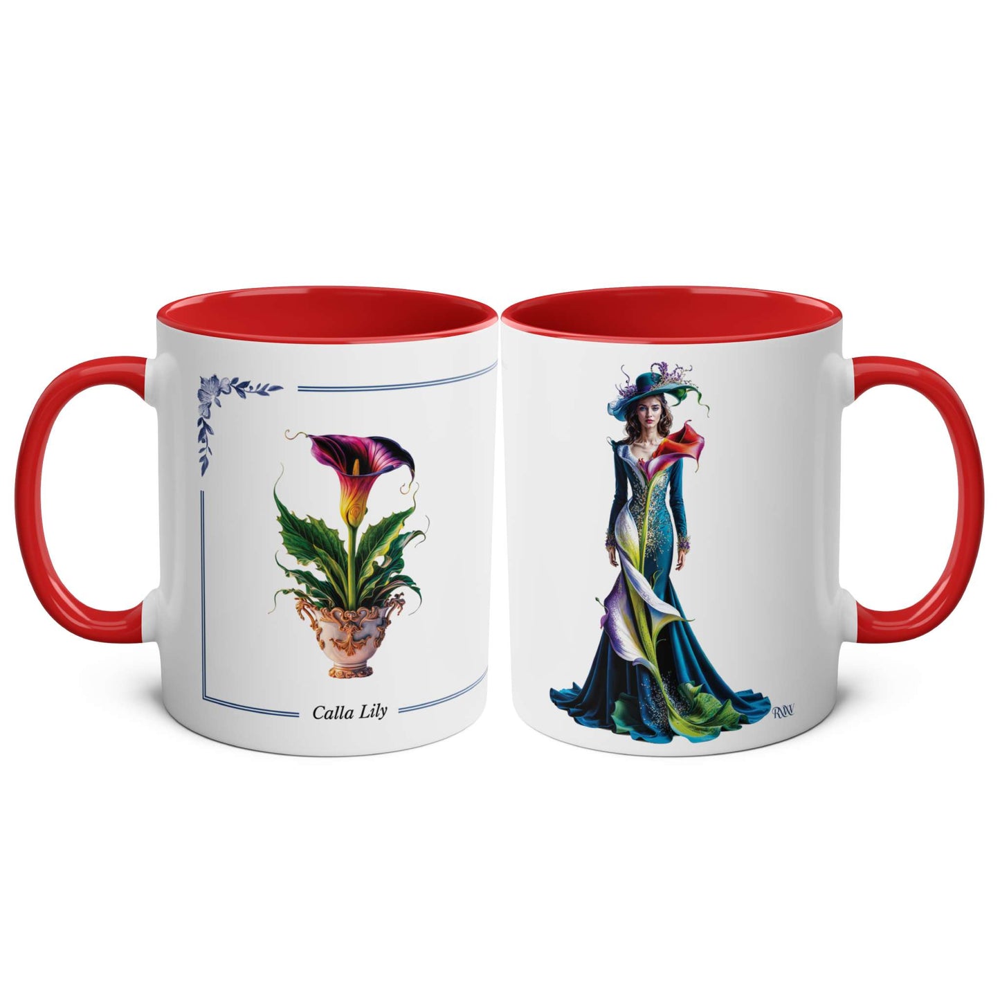 Two mugs with floral and character design on a white background