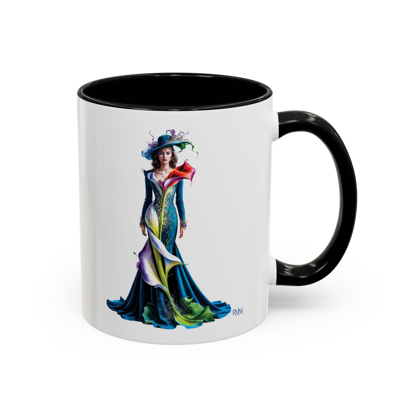 Mug with a colorful design of a woman in a dress and hat on a white background