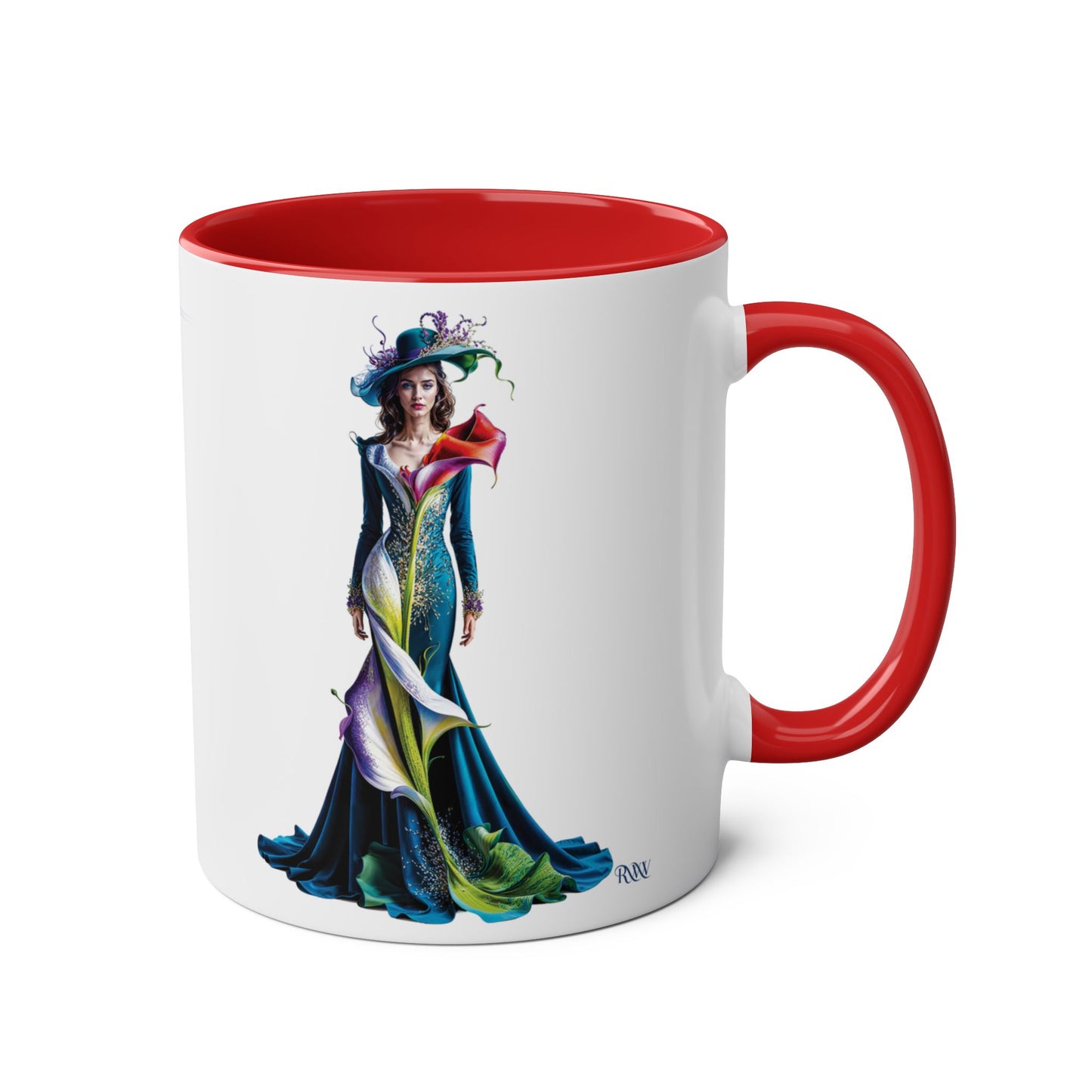 Mug with a colorful illustration of a woman in a dress and hat on a white background