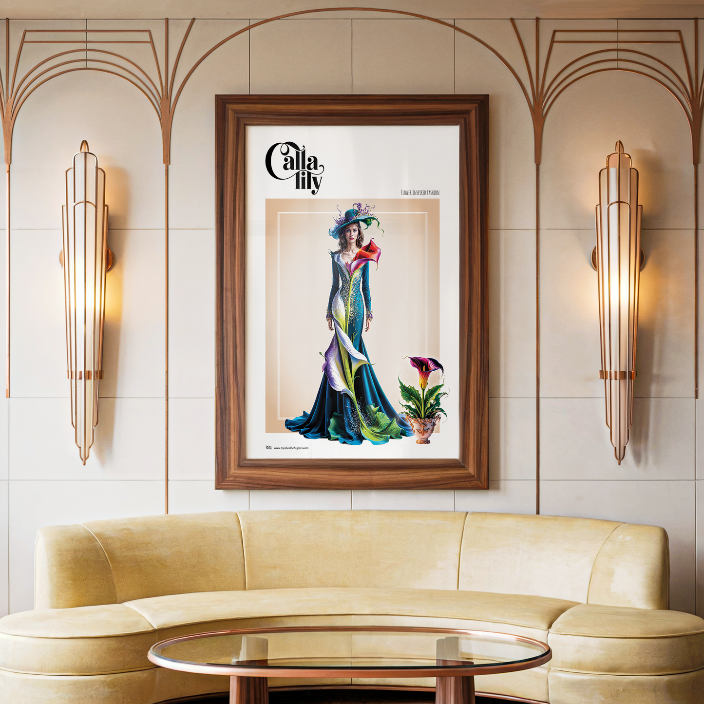 Framed fashion poster with a woman in a colorful dress on a wall above a beige sofa.