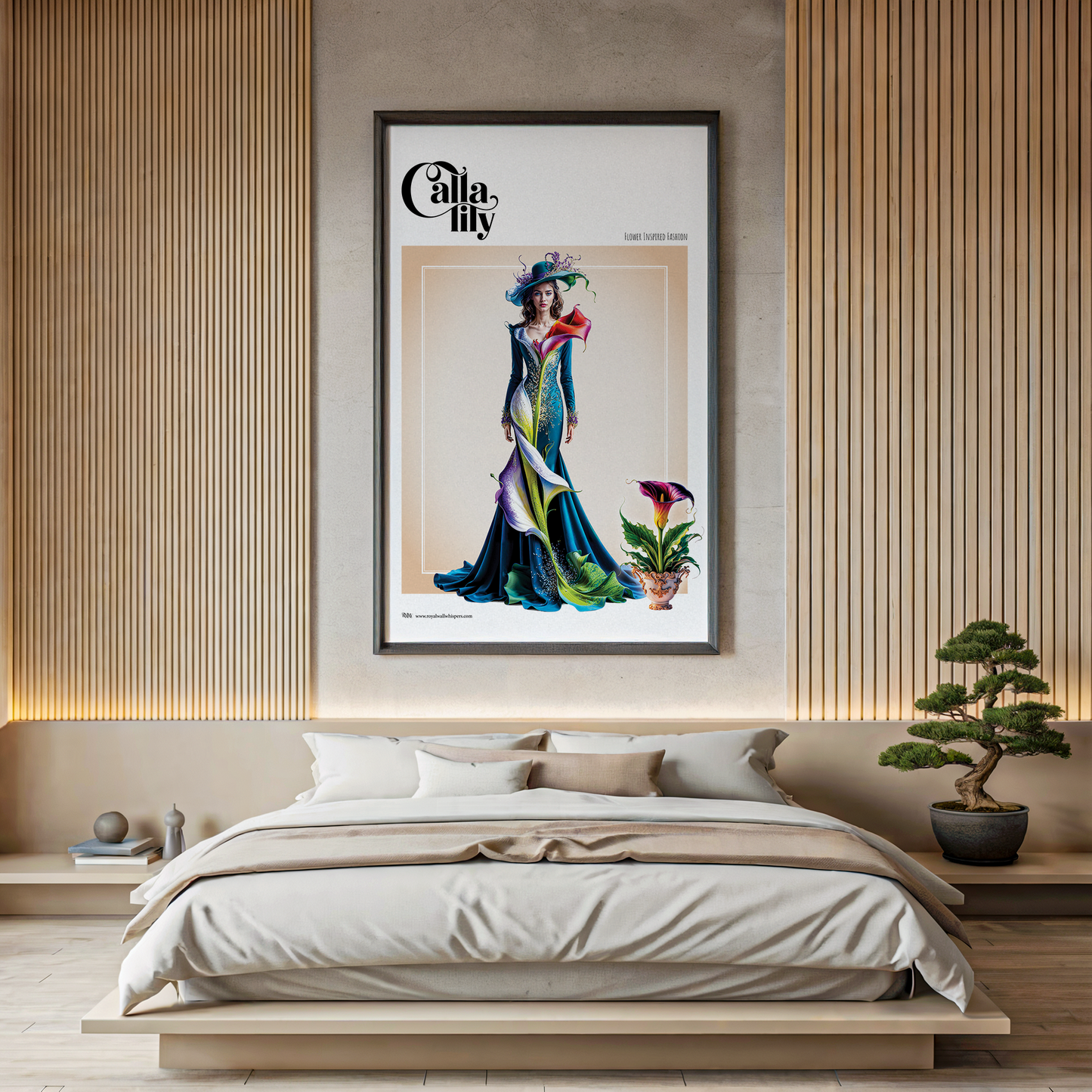 Framed artwork above a bed in a bedroom with wooden walls and decor.
