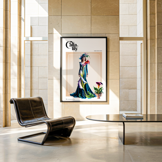Framed poster in a modern interior setting with a chair and table.