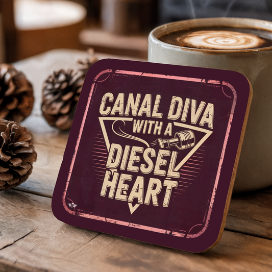 Coaster with "Canal Diva with a Diesel Heart" text on a wooden surface with a coffee cup and pinecones.