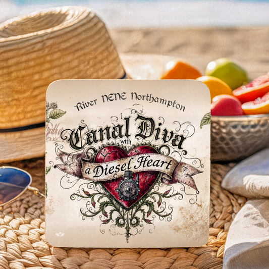 Card with decorative text and heart design on a woven surface with fruit in the background