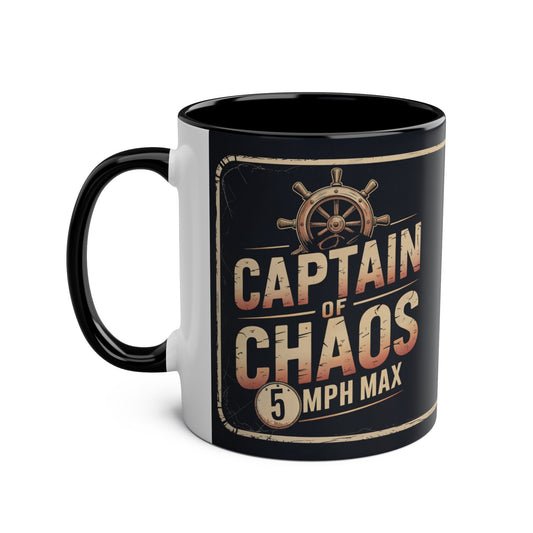 Mug with "Captain of Chaos 5 MPH Max" design on a white background