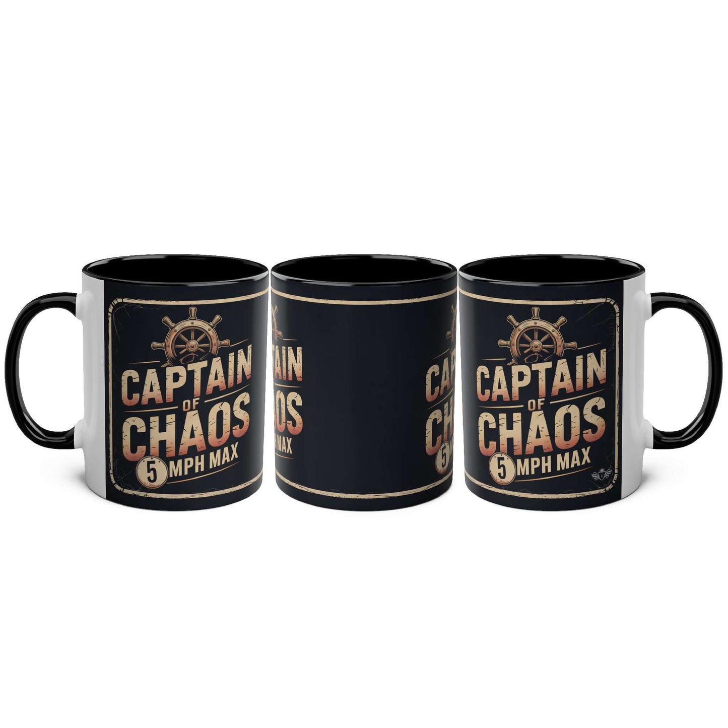Three black mugs with "Captain of Chaos" text and design on a white background