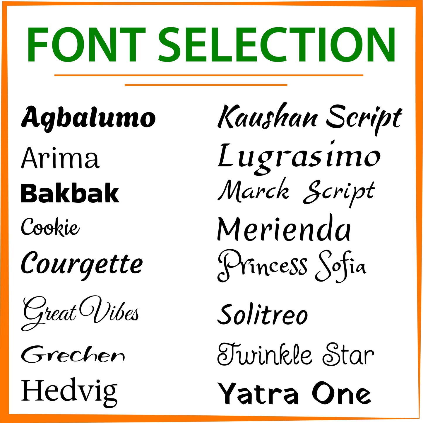 List of font names on a white background with an orange border