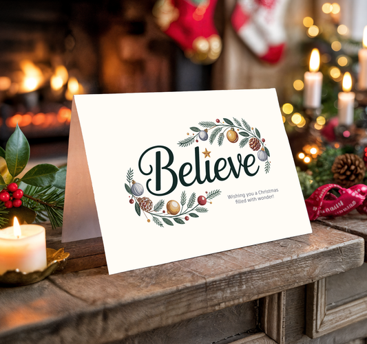 Christmas card with the word "Believe" design on a festive background with candles and decorations.
