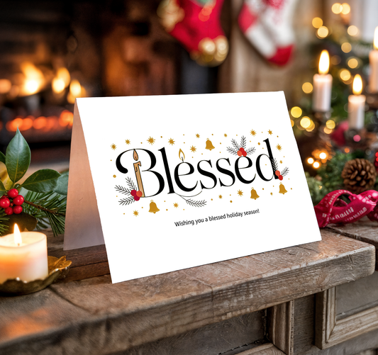 Christmas card with the word "Blessed" on a festive background with candles and decorations.