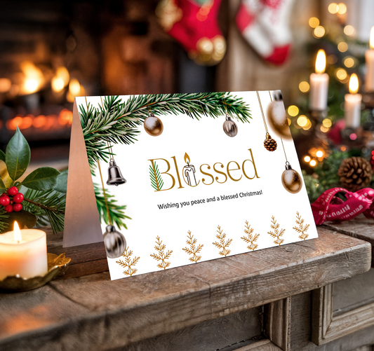 Christmas card with festive design on a wooden surface with candles and decorations.