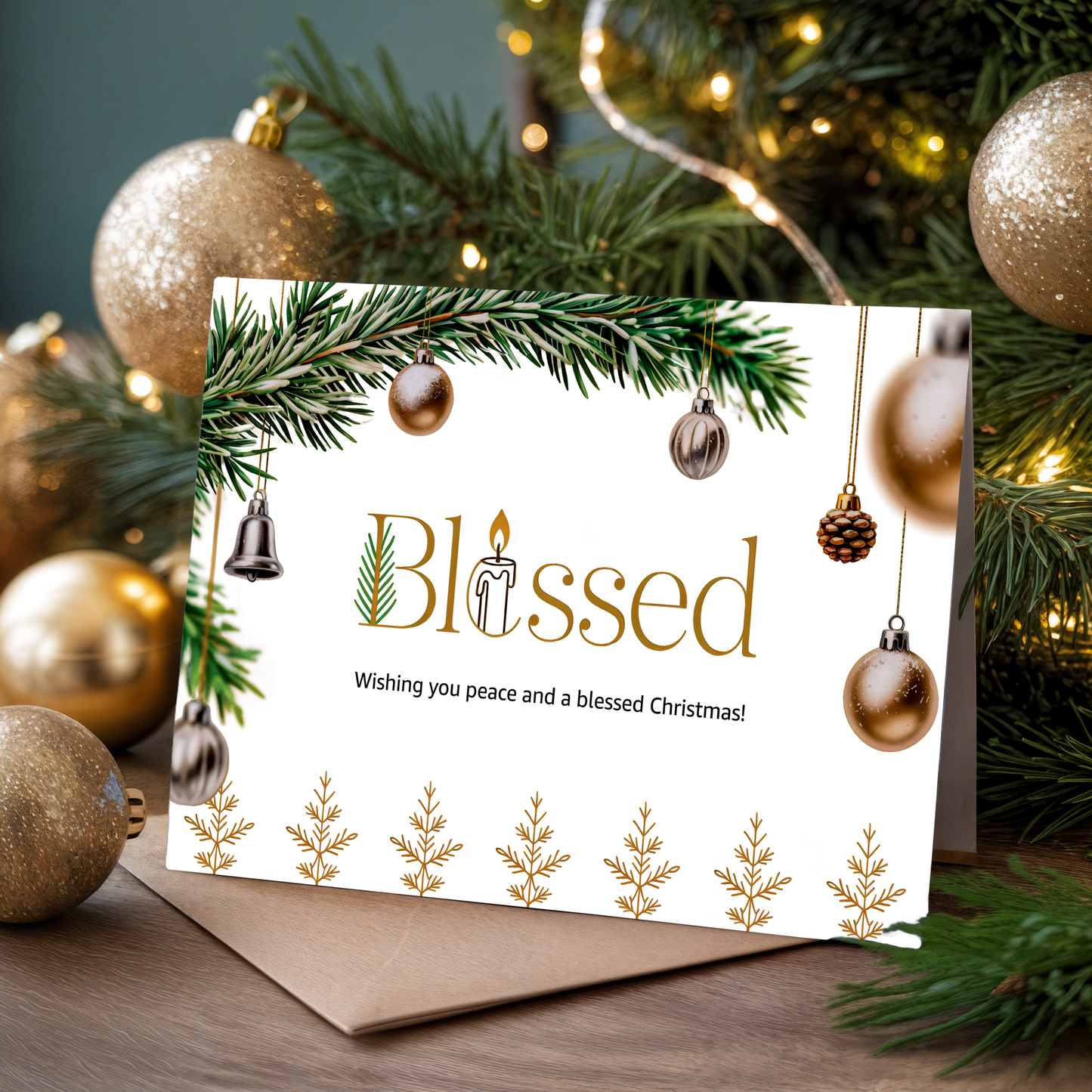 Christmas greeting card with the word "Blessed" and festive elements