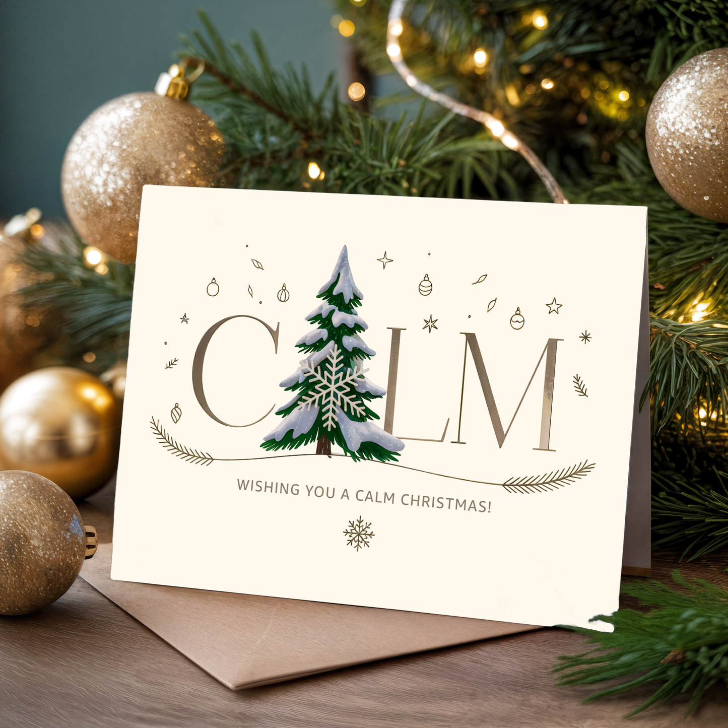 Christmas card with tree and the word "Calm", surrounded by festive decorations.
