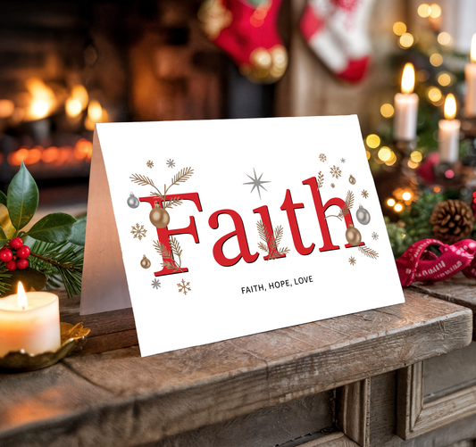 Christmas card with the word "Faith" text on a festive background with candles and stockings.