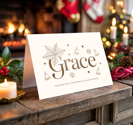 Christmas card with "Grace" on a festive background with candles and stockings.