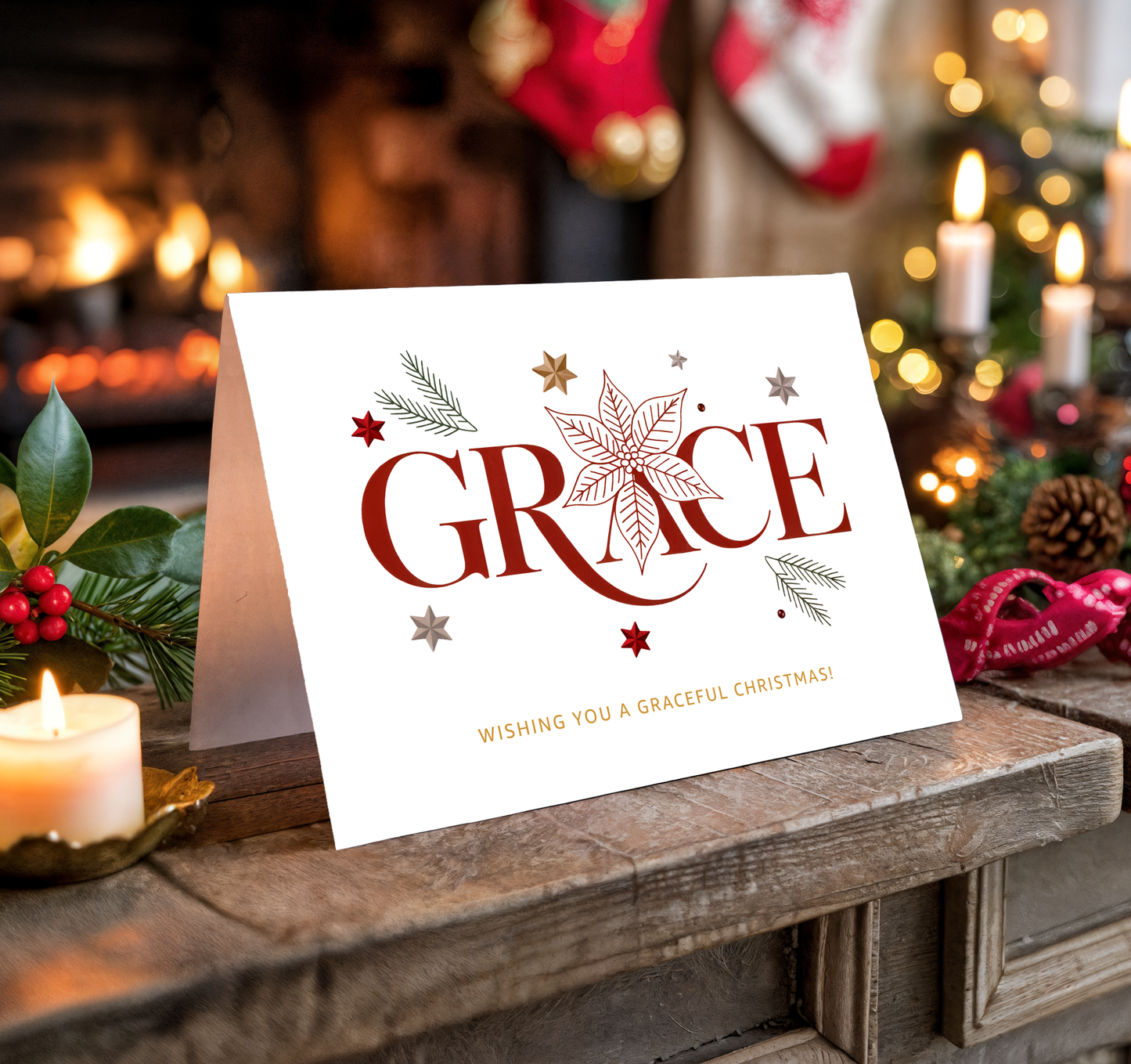 Christmas card with "GRACE" on a festive background with candles and decorations.