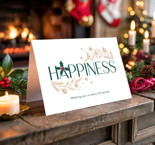 Christmas card with "Happiness" text on a festive background with candles and decorations.