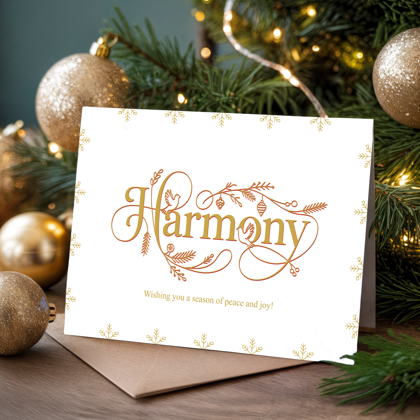 Christmas card with "Harmony" and festive decorations