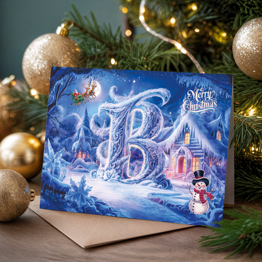 Christmas card with snowy village scene, letter B and 'Merry Christmas' text, surrounded by festive decorations.