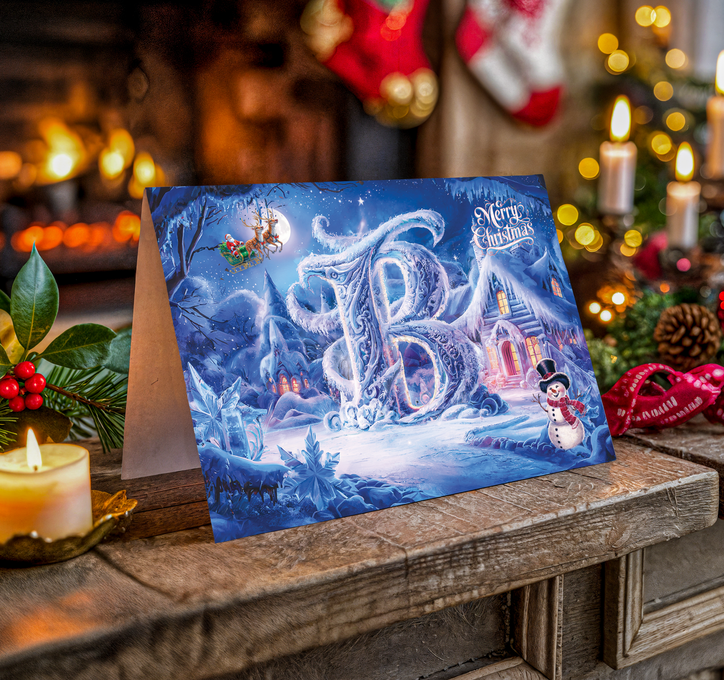Christmas card with snowy village design and letter B on a wooden surface with festive decorations.